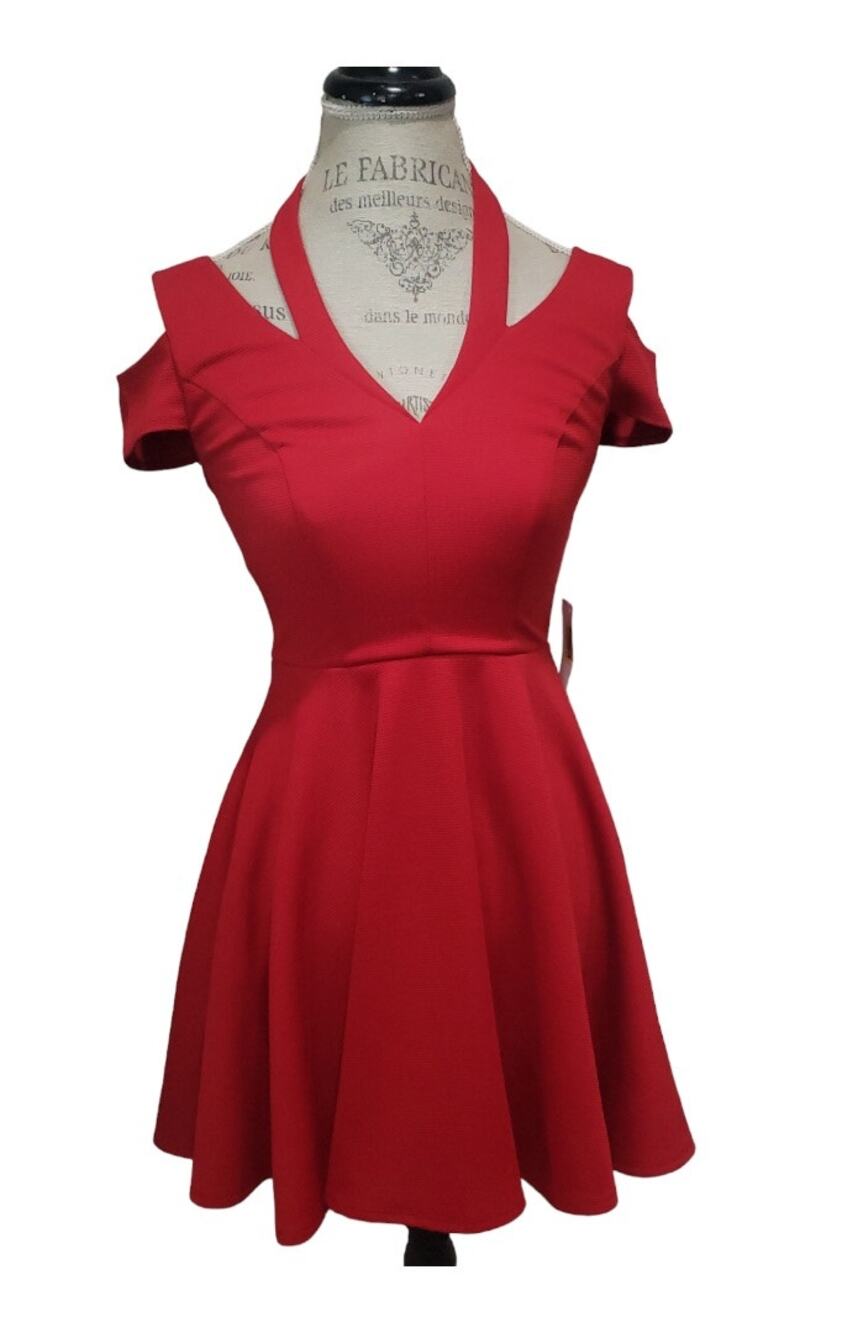Jodi Kristopher Sexy Exposed Shoulder Low V Cut True Red Flare Swing Dress